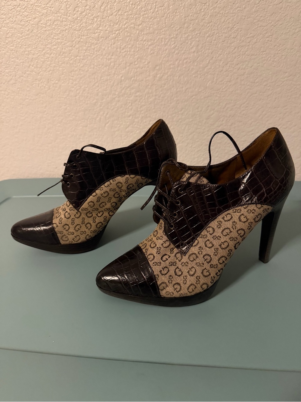 Guess Brown Croc-Embossed & Monogram Lace-Up Heels